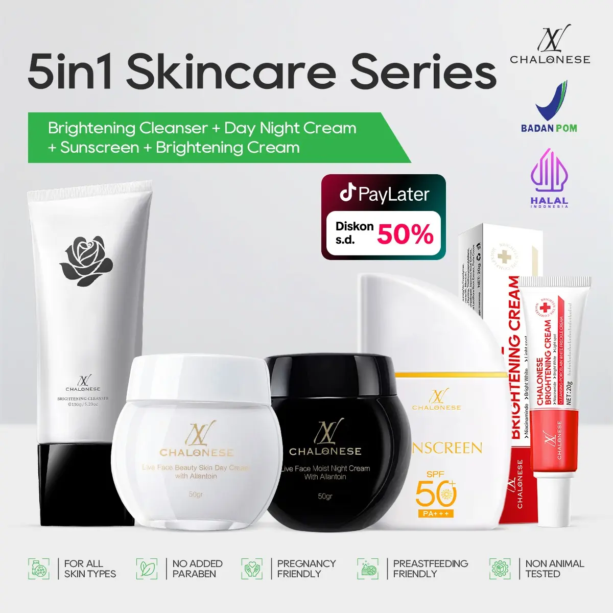 CHALONESE PAKET BUNDLING 5 IN 1 GLOW TOGHETHER (1SET MOISTURIZER+1BRIGHTENNING+FACIAL WASH+SUNSCREEN) Wajah Pencerah Facial Hitam Perawatan Mencerahkan Pelembab
