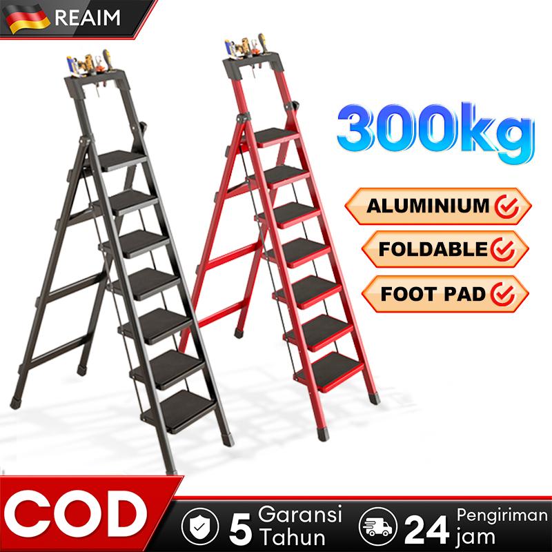 Reaim 3-7 Step Tangga Lipat Multifungsi / Tangga Lipat Rumah 4 step dan 5 step / Baja Karbon Tebal Anti Licin Pegangan Tangan Tangga Bisa Dilepas / Household Ladder Tangga Rumah 3/4 Step 1,17M // 1,45M // 1.8M Hitam Merah Putih 1