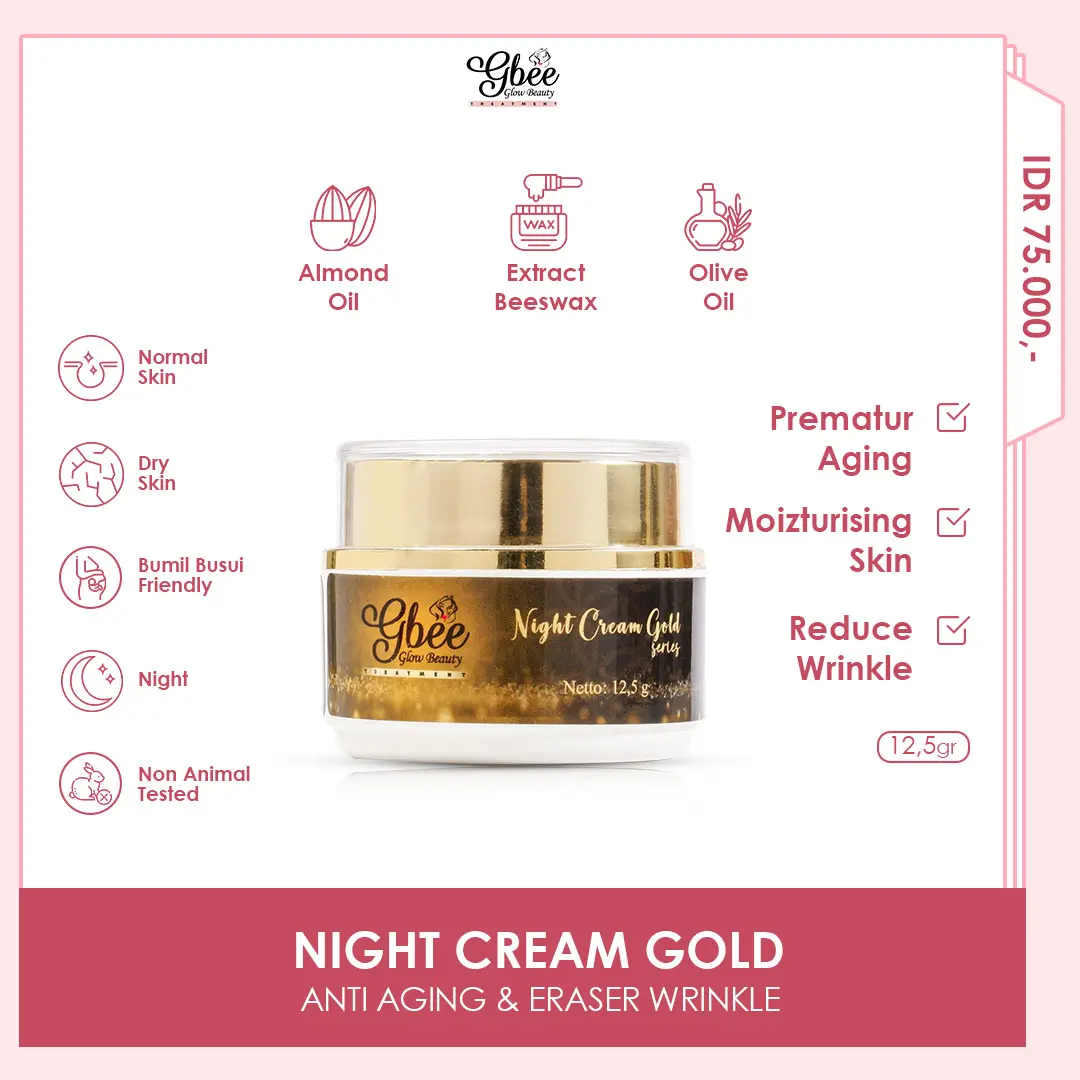 Gbee Glow Beauty Night Cream Gold Series 12,5gr - Cream Malam Perawatan Gbee Glow Pencerah kulit Wajah dan anti Aging
