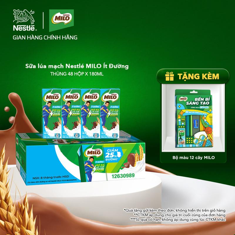 Sữa lúa mạch Milo ít đường thùng 48 hộp x 180ml (12x4x180ml) - LS