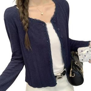 Women's Lace Trim Knit Cardigan, Fall New Arrival Short Sun Protection Outerwear, Stylish Casual Top for Women 3409# Womenswear Basic Crewneck Longsleeve Minimalist Knitwear Lingerie
