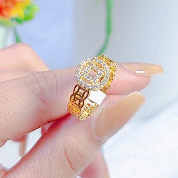 Nhẫn kim tiền mặt đồng xu đính đá tấm xi vàng bền màu chất Titan không rỉ mẫu hot
