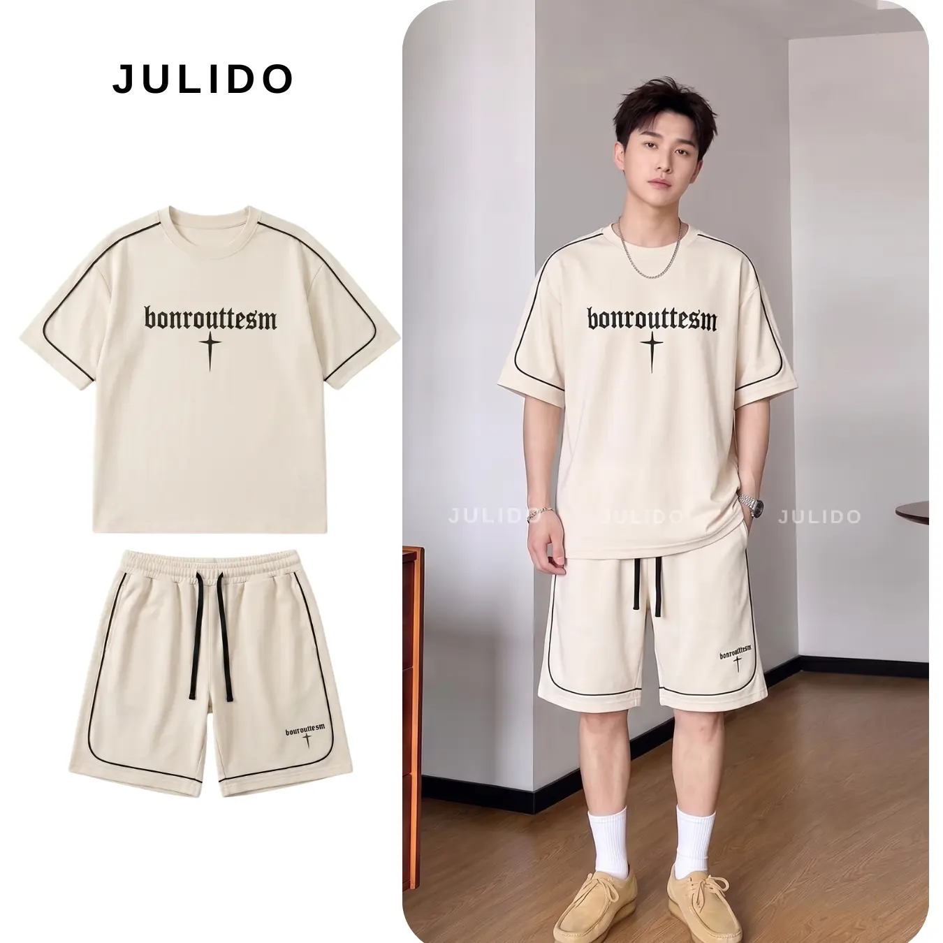 Bộ quần áo thể thao nam thêu thời trang tay ngắn thêu Có thể giặt bằng máy Menswear