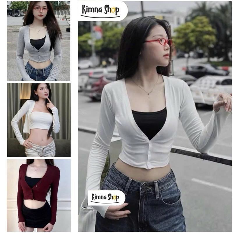   TẶNG ÁO QUÂY  Áo Khoác Cardigan Mỏng Dáng Ngắn Cúc Cài Chất Thun Lụa Co Giãn 