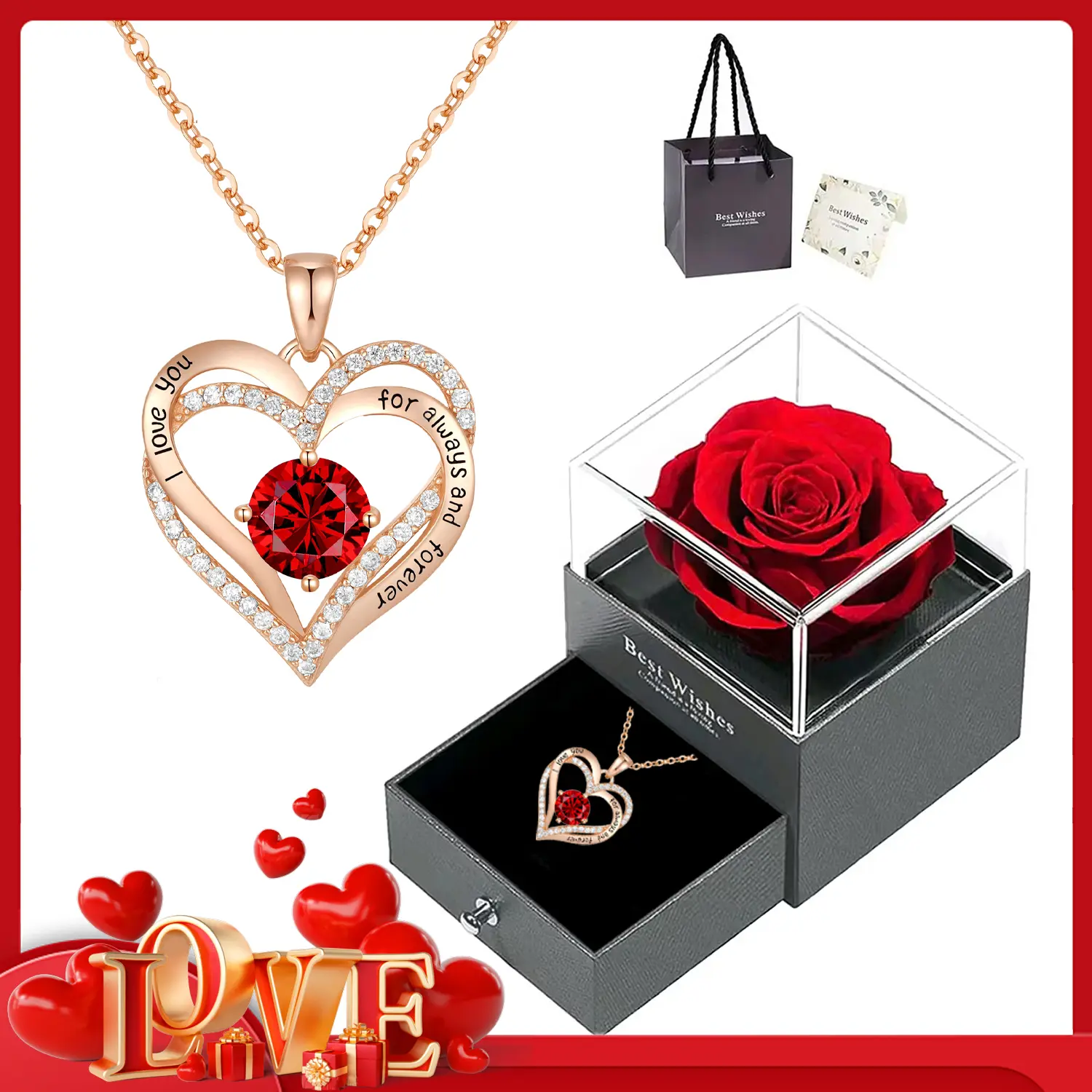 [Mother's Day Gift Set］Forever Love Heart Necklaces & Rose Box Gifts for Women, Jewelry with Birthstone Pendant, Present for Christmas Valentines' Day, Mother's Day, Birthday, Anniversary