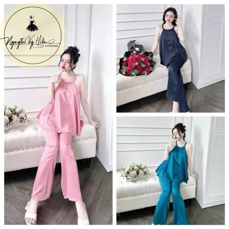 (YẾM QUẦN DÀI)Séc đồ bộ cổ yếm màu trơn viền bèo quần dài , chất vải lụa tơ tằm dành cho nữ!