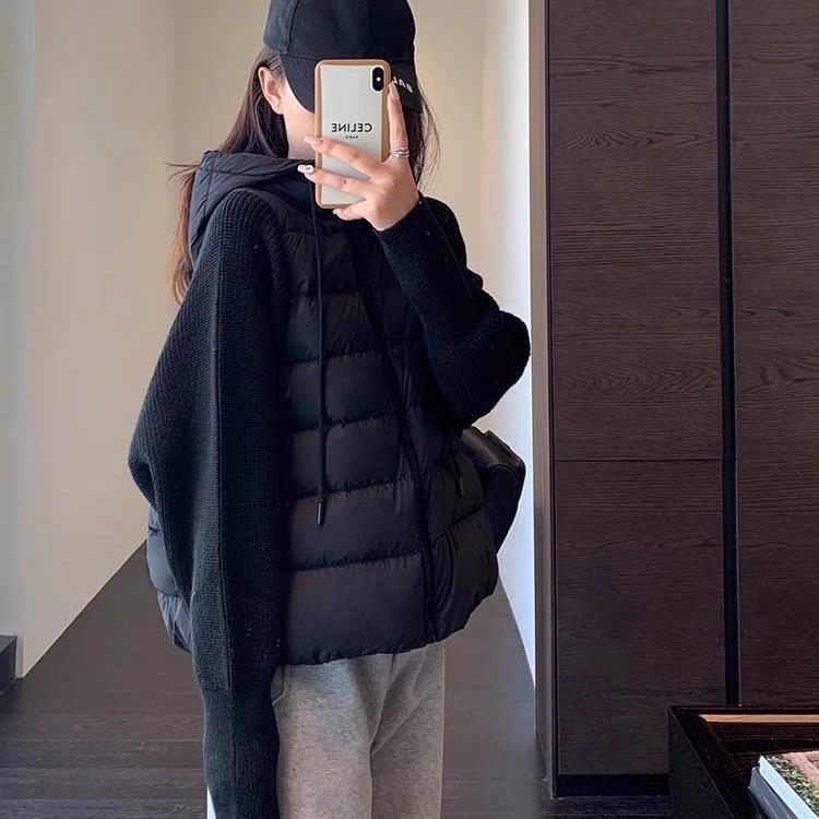  Áo khoác áo phao có mũ phối tay len trần bông . Áo khoác nữ thu đông 