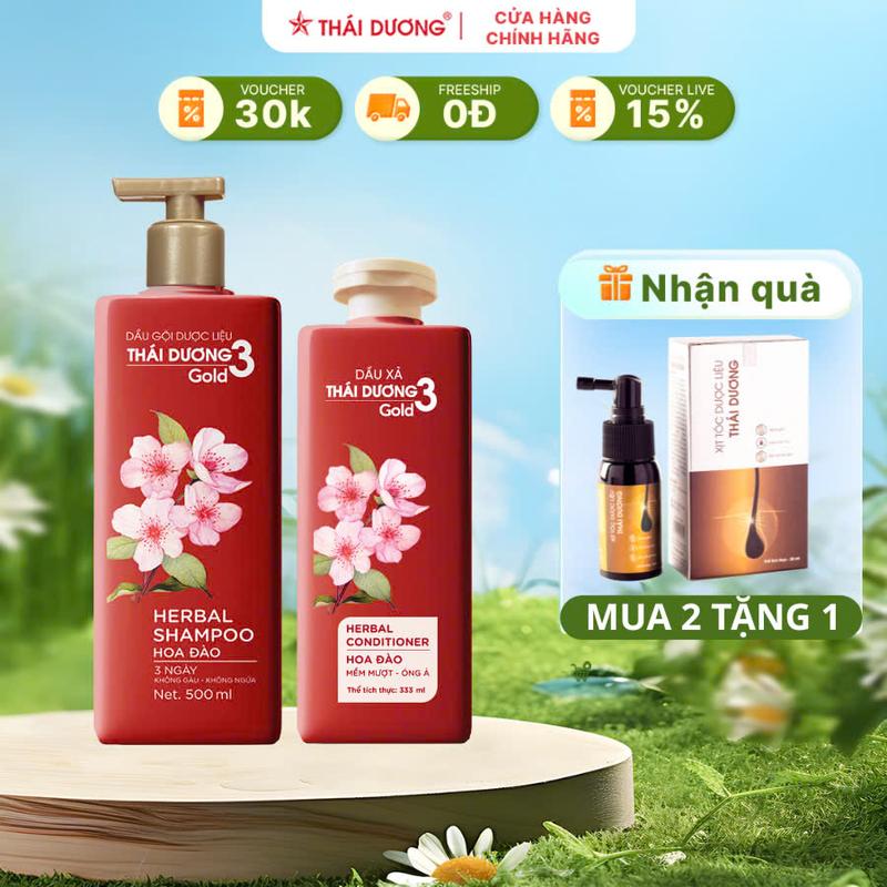 [Combo Sale] Mua 1 dầu gội Thái Dương 3 Gold (Chai 500ml, Hoa đào) và 1 dầu xả Thái Dương 3 Gold (chai 333ml, Hoa đào) tặng 01 Xịt tóc dược liệu thái dương ( chai 30ml) - Sao Thái Dương