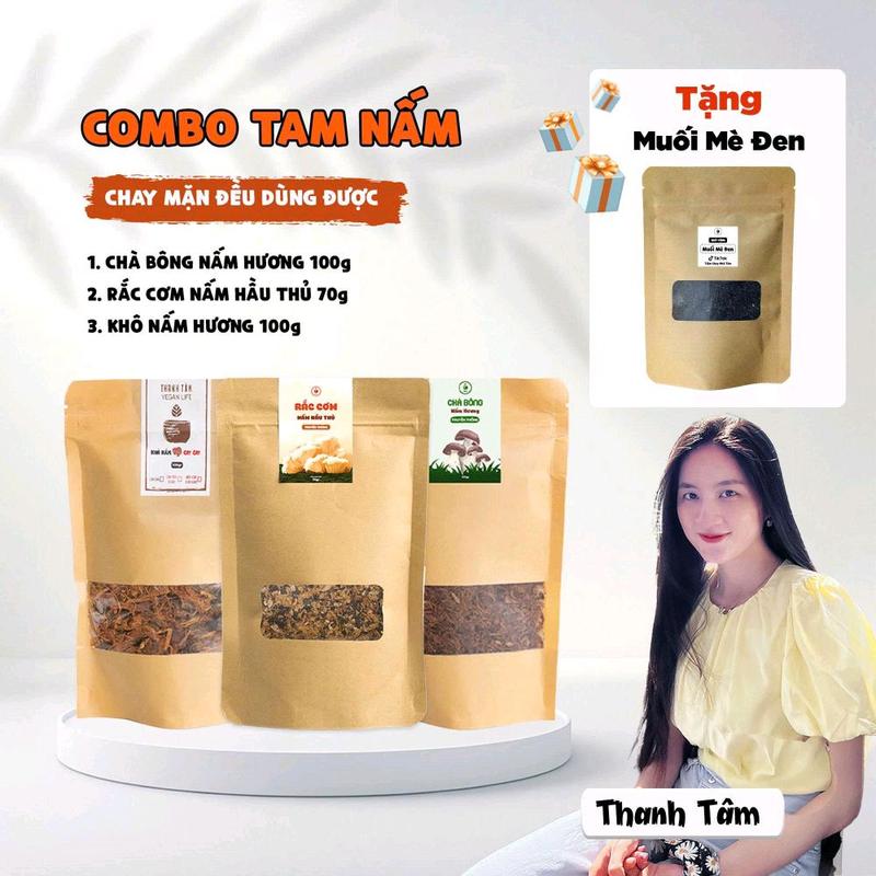 COMBO TAM NẤM: 100g Khô Nấm Hương + 100g Chà Bông Nấm Hương Truyền Thống + 70g Rắc Cơm Nấm Hầu Thủ Tiệm Chay Nhà Tâm