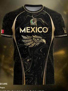 Camiseta de fútbol de México en oro negro con águila azteca, manga corta, impresión 3D, totem tribal maya, insignia del equipo, tejido transpirable de secado rápido para patriotas, aficionados y entusiastas culturales