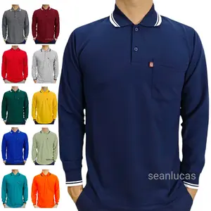 Kaos polo shirt Saku Wangki Polos Saku Pria Lengan Panjang Kerah Seragam Tebal Basic