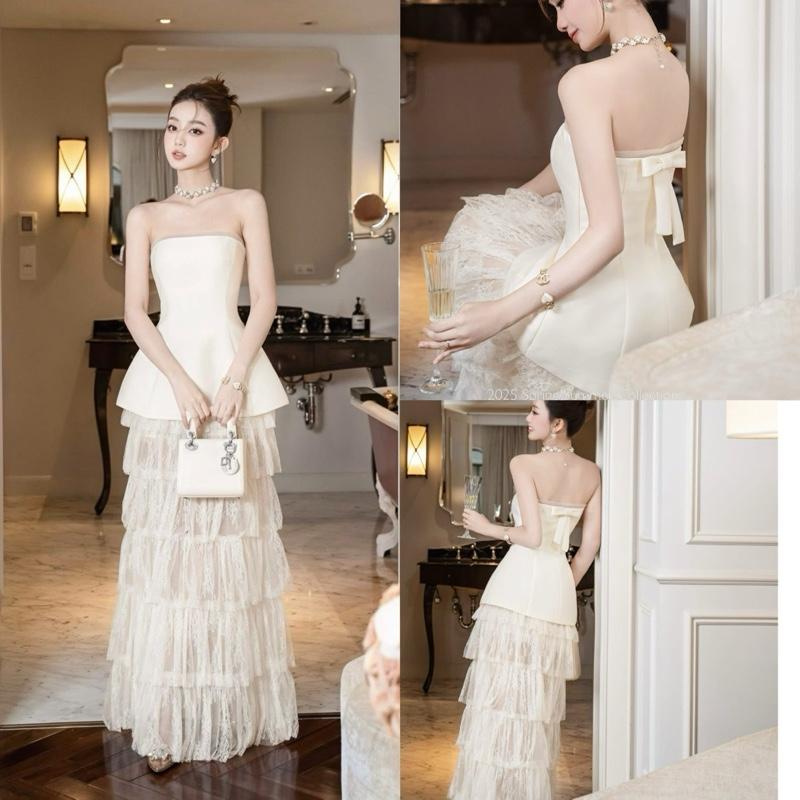 Set bộ taffa nơ lưng sau + chân váy ren tầng kem be