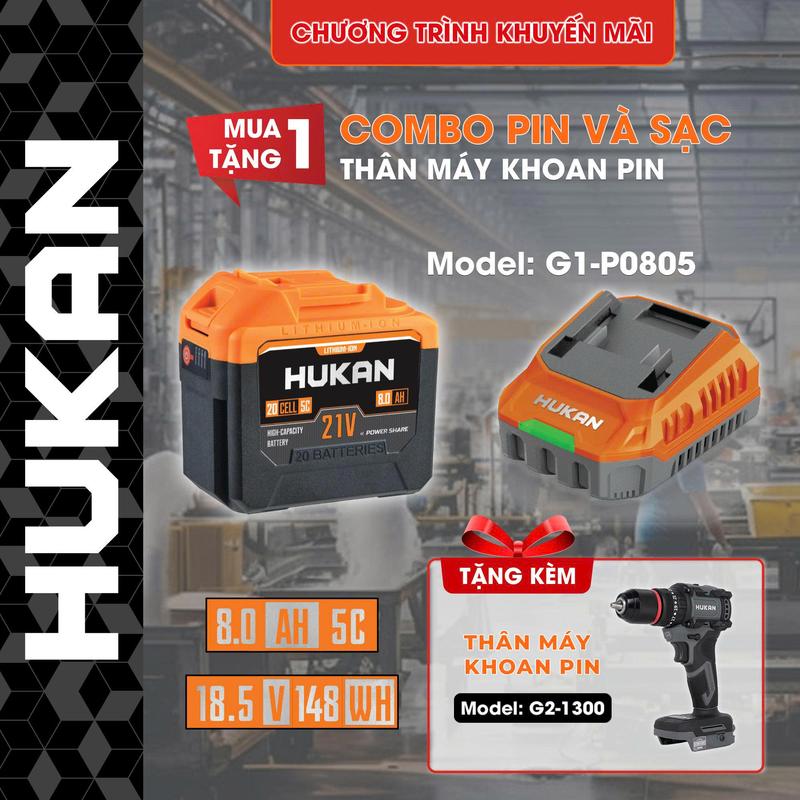 Phụ kiện máy khoan 20 cell Hukan 805 tặng kèm sạc - Pin Hukan Dung lượng 8000Ah, Chân pin phổ thông, Tặng kèm thân máy khoan z1300
