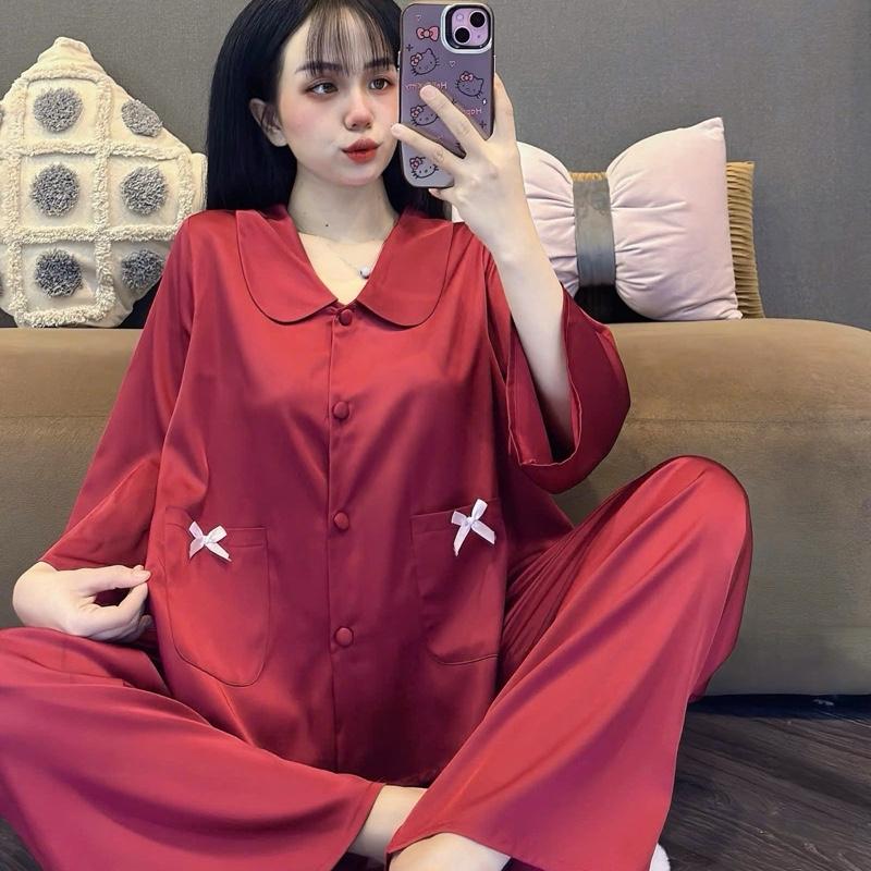  HL59  4size 40-90kg  BỘ PIJAMA QUẦN DÀI CỔ SEN TAY LỠ KÈM CỘT TÓC Women Nữ 