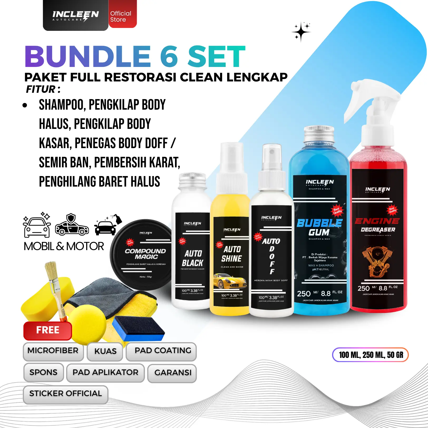 PAKET CUCI LENGKAP PENGKILAP PEMBERSIH PERAWATAN KENDARAAN 6 BOTOL by INCLEEN AUTO CARE | CAT DOFF GLOSSY PENGHITAM BODY KASAR BAN DAN MESIN MOTOR MOBIL KINCLONG
