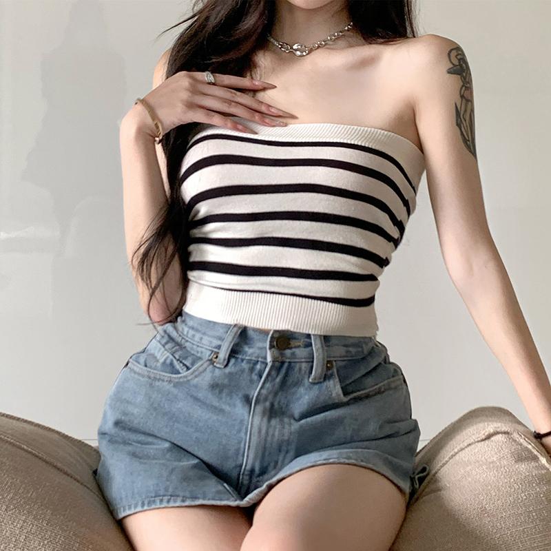 Áo Ống Sọc, Phong Cách Mùa Hè, Dành Cho Phụ Nữ Gợi Cảm, Mỏng Và Mỏng Vừa Vặn, Áo Crop Top, Không Dây, Áo Vest Dệt Kim
