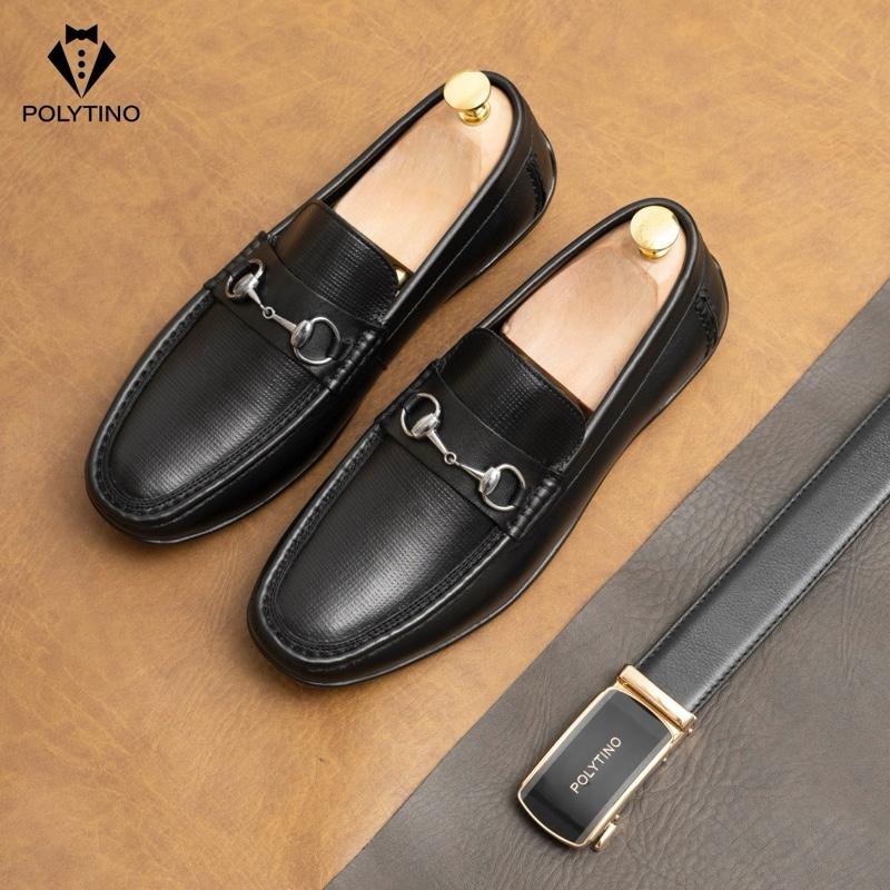 Giày Mọi Nam Công Sở Da Bò Cao Cấp 0190 POLYTINO Giày Lười Nam Moca Đế Cao Su BH 12 Tháng