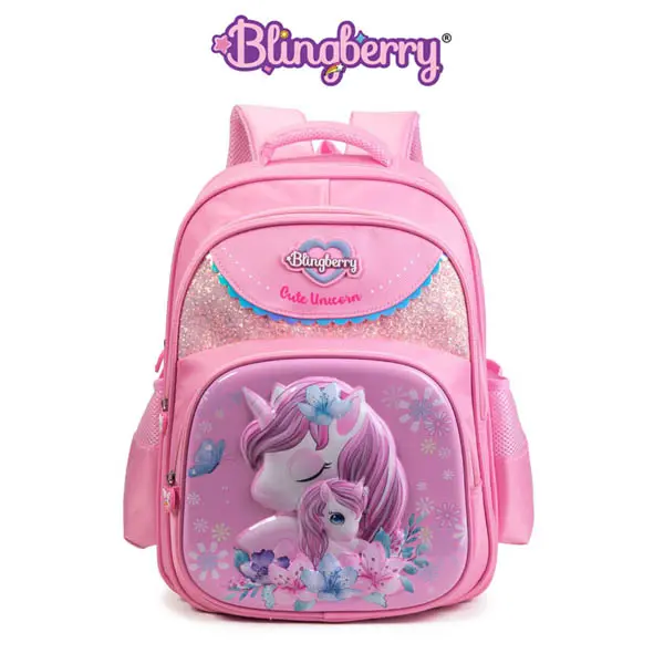 BLINGBERRY Tas Ransel Unicorn 3D Timbul Tas Sekolah Anak Perempuan Glitter  Cute Waterproof Anti Tas Glitter Cute Pink