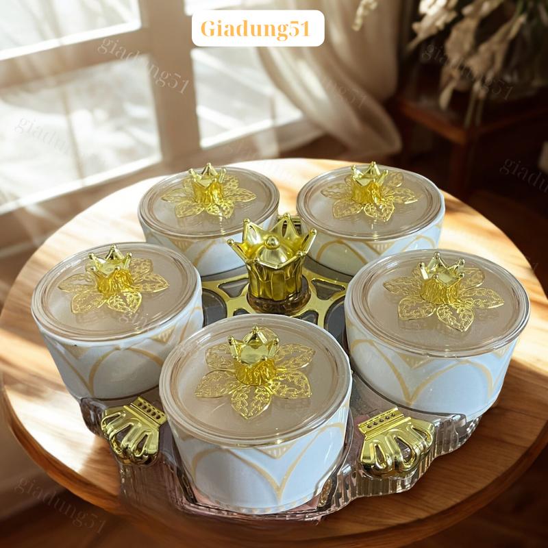 Bộ Khay Hoa Quả Bằng Sứ Để Bàn, Khay Bánh Kẹo 5 Hũ Có Nắp Đậy Cao Cấp Xoay 360 Độ - Chống Bụi khay đựng