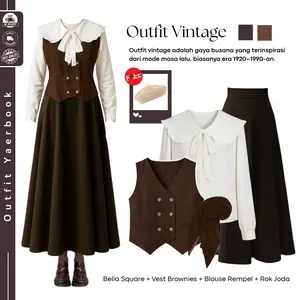 One Set Outfit Yearbook Vintage Muslim  (Hijab Bella Square + Atasan Vest +Atasan  Blouse + Bawahan Rok Joda ) OOTD Yearbook Remaja - FO19