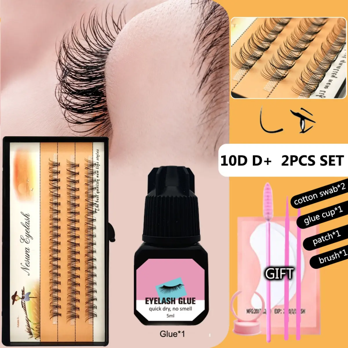10D D Natural Curl Eyelash Extension Set, Soft, Segmented, Personal False Eyelash Kit, Daily Makeup