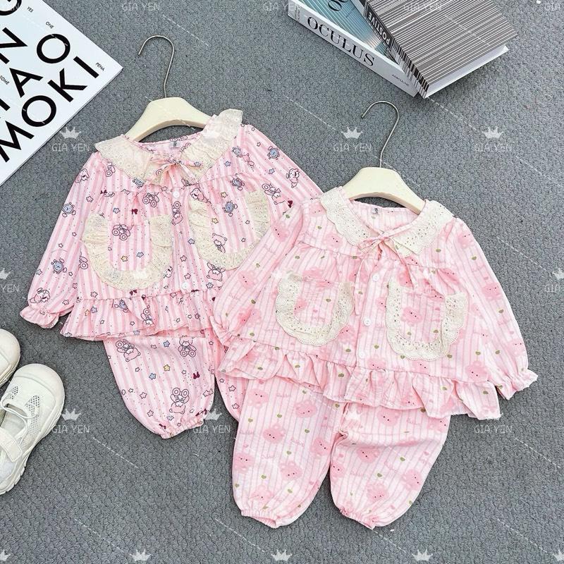   5-18kg  - GY01  Set bộ Pijama phối Ren điệu đà CÀI KHUY chất đũi mềm set thu đông 2 màu xinh xắn cho bé gái  Nhận làm theo yêu cầu  