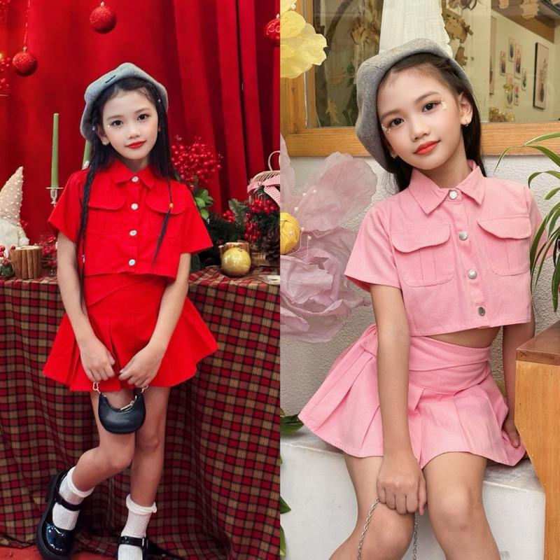 Set váy sơ mi denim dễ thương sang chảnh cho bé gái chất kaki cotton thân thiện với làn da