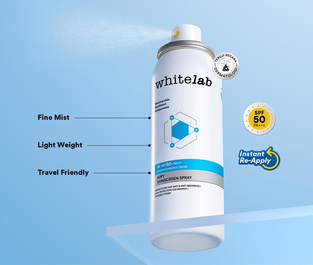 WHITELAB SUNSCREEN SPRAY SPF 50 PA+++- ULTRALIGHT - SUNBLOCK RINGAN ANTI KOMEDO JERAWAT PELINDUNG SINAR MATAHARI UV A UV B BLUE LIGHT DENGAN NIACINAMIDE, TIDAK LENGKET, WHITECAST & PILLING [BPOM]