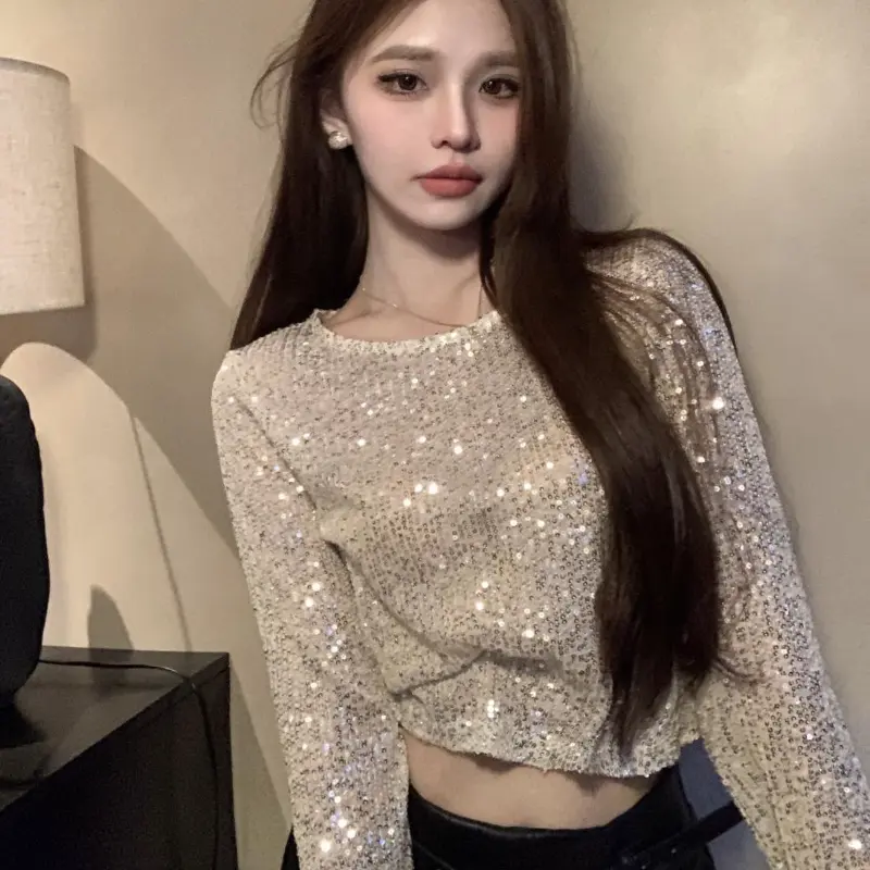 Áo Dài Tay Đính Kim Sa Kiểu Pháp, Thích Hợp Cho Hộp Đêm, Phong Cách Spice Girls, Áo Phông Dài Tay, Thường Ngày, Ngoại Cỡ, Áo Dài Tay Kim Sa Nữ, 09291, [Shop Ở Nước Ngoài]