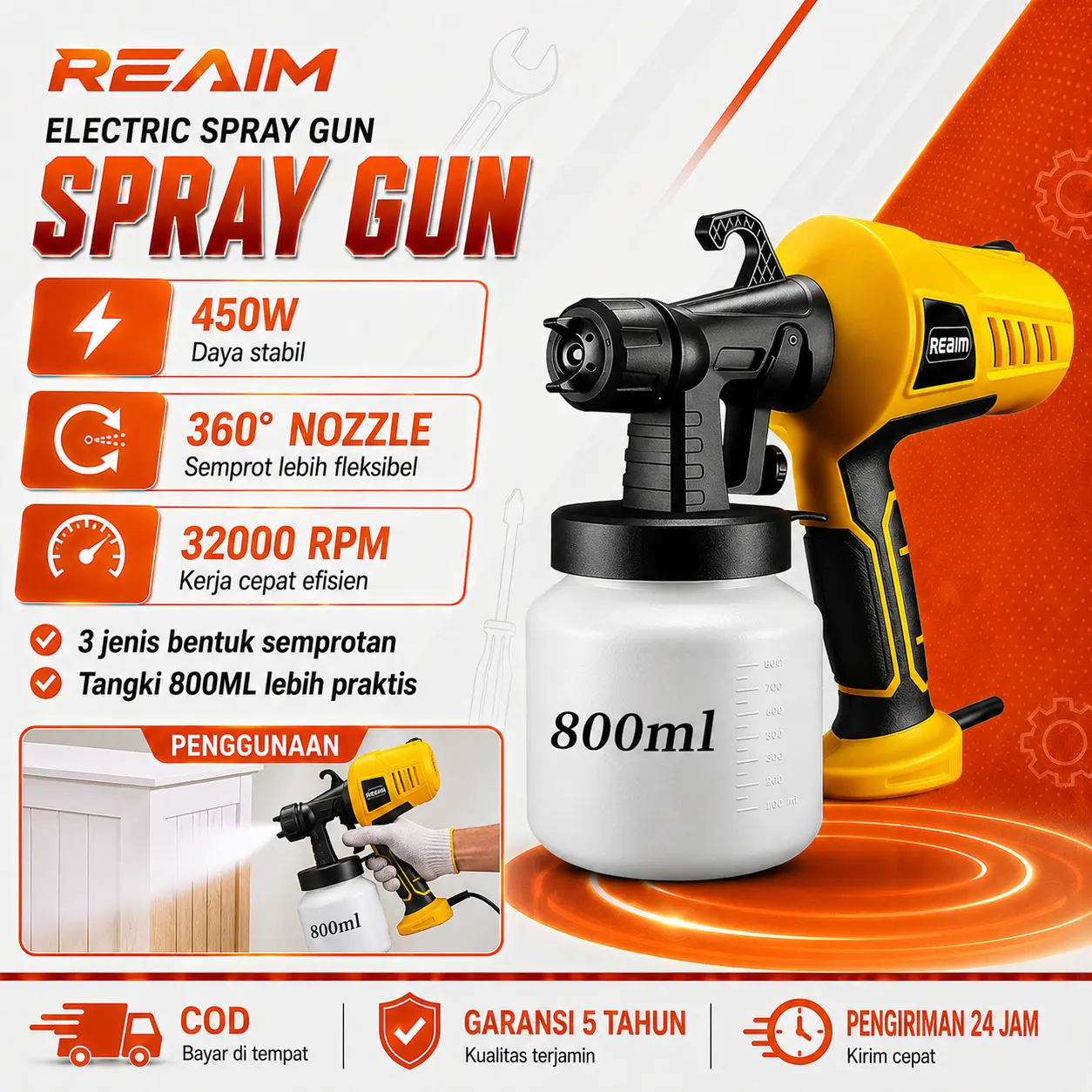 REAIM Spray Gun Cat Semprot Listrik 800ML 450W Mesin Cat Semprot Listrik Alat Semprot Cat Electric Spray Gun Spraygun Elektrik Nozzle Adjustable