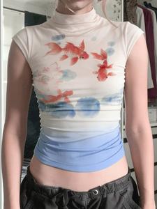 Camiseta de cuello medio con estampado vintage y lindo, estilo Y2K de manga corta, top corto ajustado de estilo urbano para el verano, esencial de moda femenina