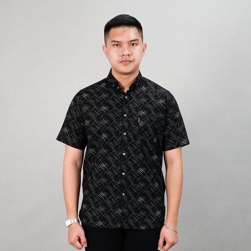 PF - Kemeja Motif Pria Verdant Full Printing Lengan Pendek Casual M-XL Baju Atasan Cowok Slimfit Bahan Katun Hem Formal Dewasa Distro Kerja Hitam 1