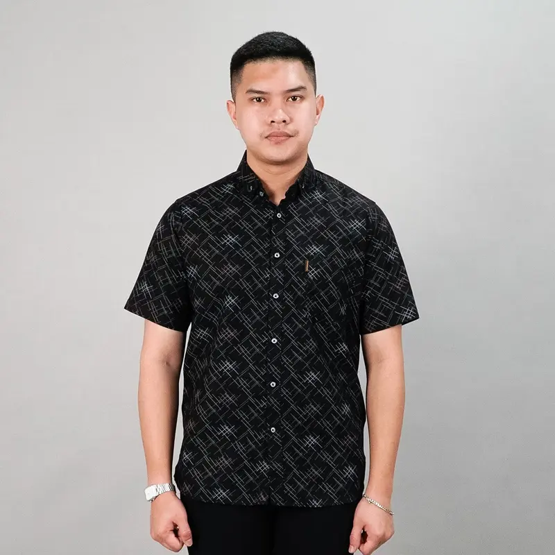 PF - Kemeja Motif Pria Verdant Full Printing Lengan Pendek Casual M-XL Baju Atasan Cowok Slimfit Bahan Katun Hem Formal Dewasa Distro Kerja Hitam 0