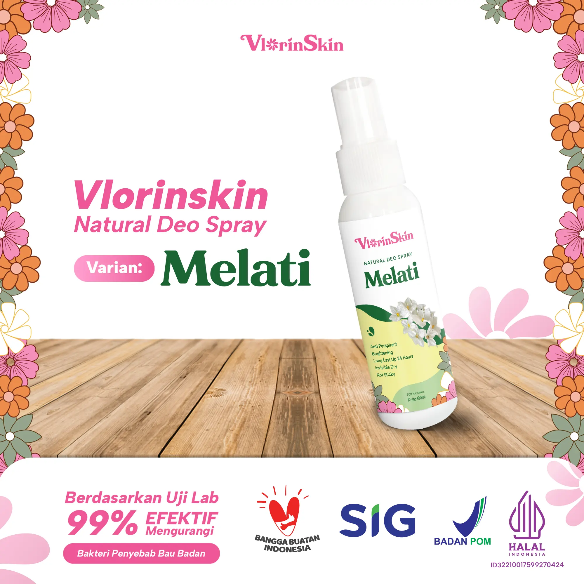 Vlorinskin Deodorant Spray Penghilang Bau Ketiak/Badan, Deo Spray Alami, Deodorant Spray Tawas 100mL