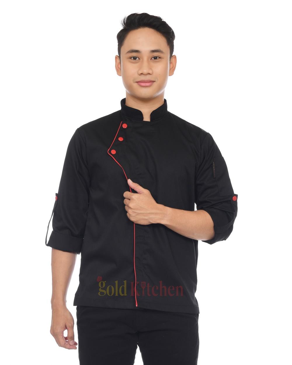 Gold Kitchen Baju Chef Koki Unisex Lengan Panjang Model Style Kualitas Tinggi Bahan Poly-Cotton DRILL Nyaman Dipakai Warna Hitam Putih Biru Navy Abu