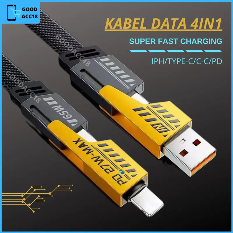 Kabel Data 4 in 1 Convertibke Metal Fast Charging Cable 65W 1.07M Kabel TYPE C USB A & Lightning Multiple Charging Cocok Untuk Iphone Dan Android 0