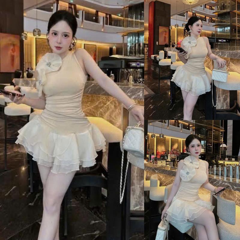  Đầm váy nữ thun nhuyễn tay sát nách cổ tròn đính bông nhún eo from dáng xòe tầng yêu kiều sang chảnh đầy cuốn hút cho nàng diện đi tiệc 