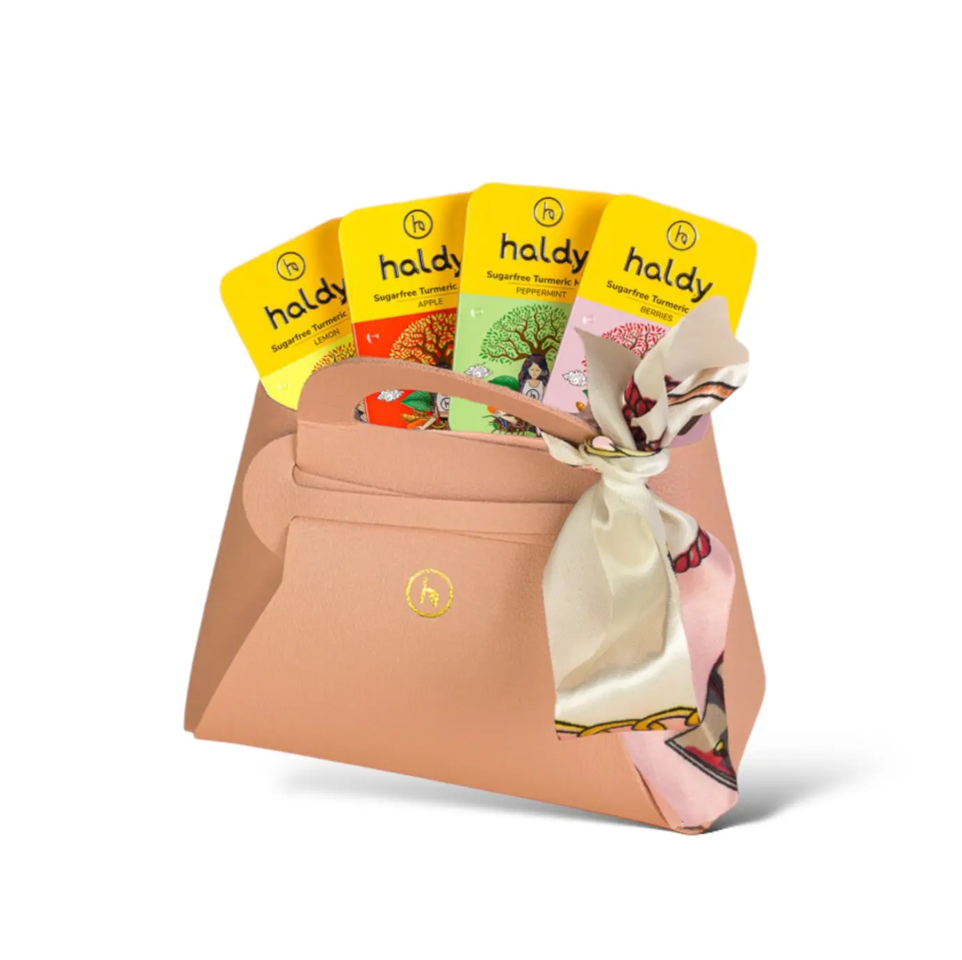 Haldy Designer Mini (Peach bag) + All 4 Flavours of Sugarfree Turmeric Mints Snack Candy