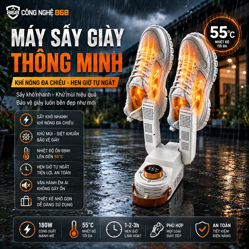 Máy Sấy Giày Khử Mùi Bằng Tia UV Cực Tím, Máy Sấy Giày Khử Mùi Diệt Vi Khuẩn Thông Minh Sấy Khô Nhanh, Chức Năng Hẹn Giờ Lên Đến 120 phút, Vận Hành Êm Ái, Không Gây Ồn