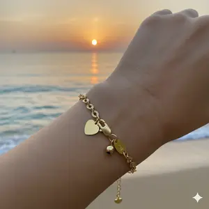 Gelang Tangan Wanita Titanium Model Terbaru Anti Karat dengan Desain Hati dan Bell Elegan