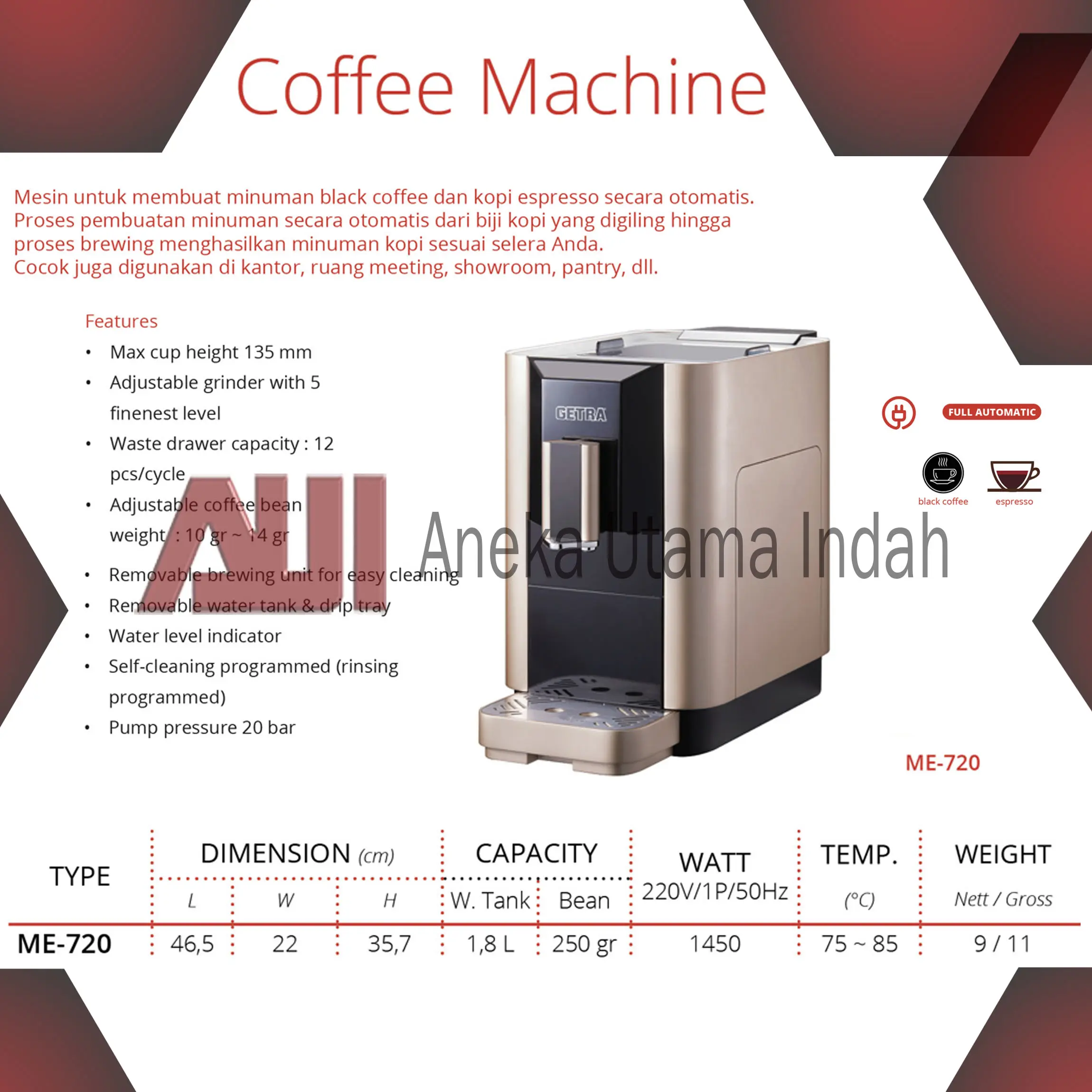 Getra ME-720 Coffee Machine / Mesin Pembuat Kopi Hitam Atau Black Coffee Dan Kopi Espresso Otomatis Dari Biji