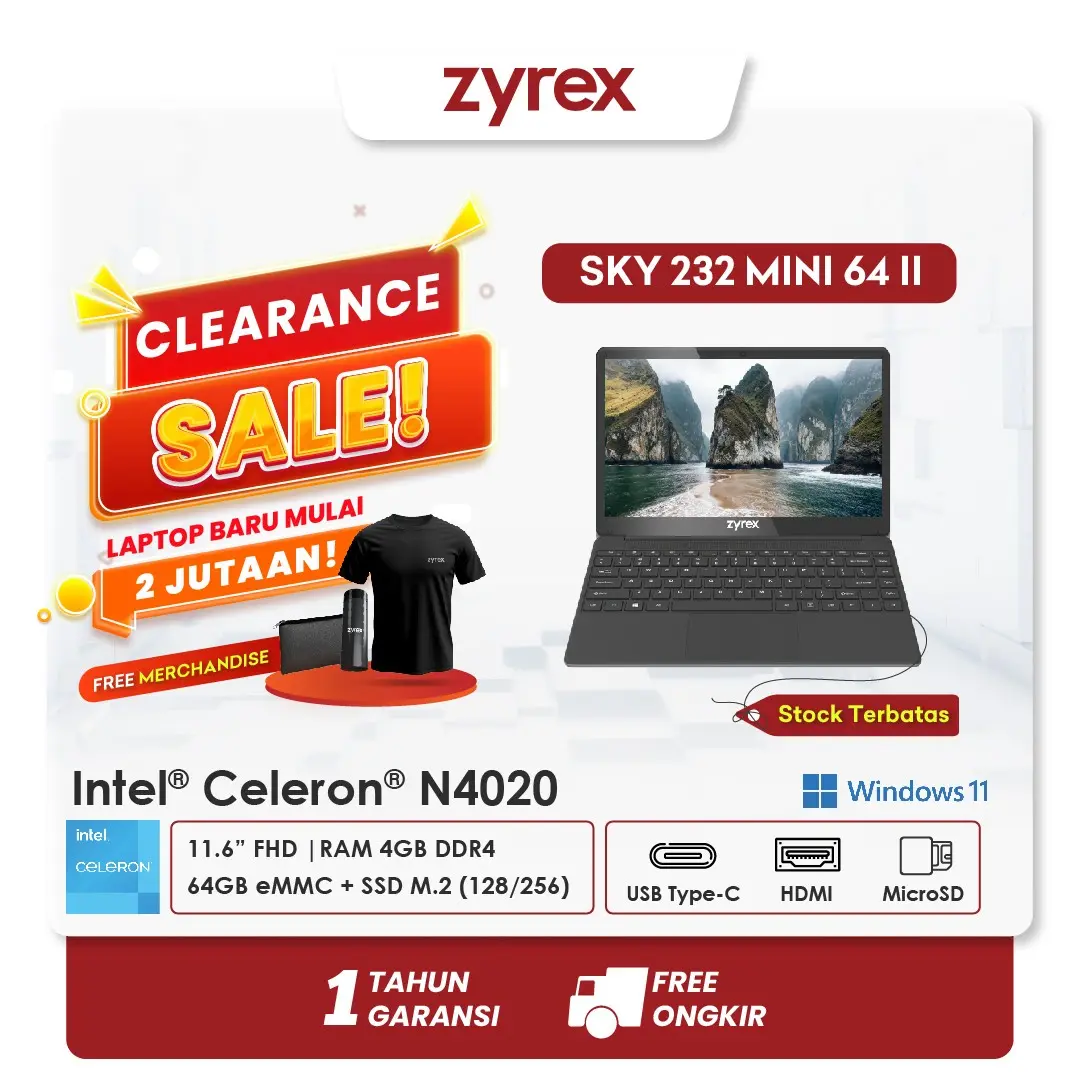 Laptop ZYREX Sky 232 Mini 64 II Intel Celeron N4020 RAM 4GB 64GB eMMC + SSD M.2 (128/256) 11.6" FHD IPS - Windows 11 USB Type-C/HDMI/MicroSD – Garansi Resmi 1 Tahun