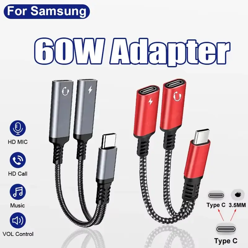 Penyesuai Pengecas Pantas, 60W PD OTG 2 DALAM 1 Pemisah USB C ke Dwi USB Jenis C, Audio Fon Kepala, Untuk iPhone 15, Samsung S23, Huawei, Xiaomi Accessories