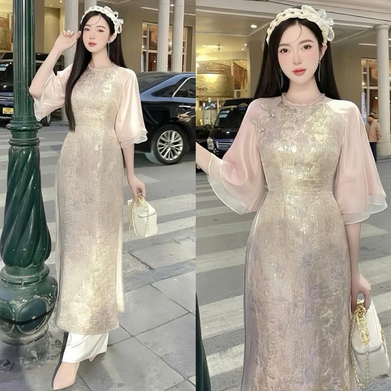 Áo dài nữ thiết kế EMME V2095 gấm cổ đan rết đính nơ đá tay tơ bọt biển loe lửng cách điệu kèm quần - THANH TỰ
