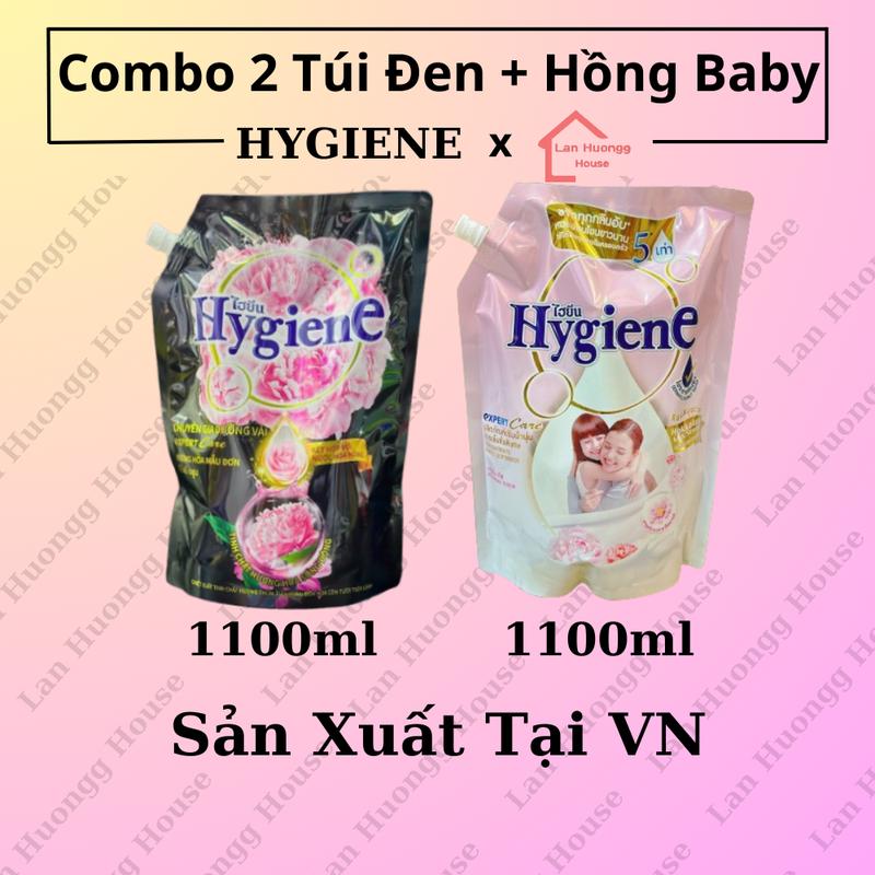 Combo 2 Túi Nước Xả Vải Hygiene Đen + Hồng Em Bé 1100ml/Túi Tặng Gói Xả 20ml Làm Thơm Làm Sạch Kem