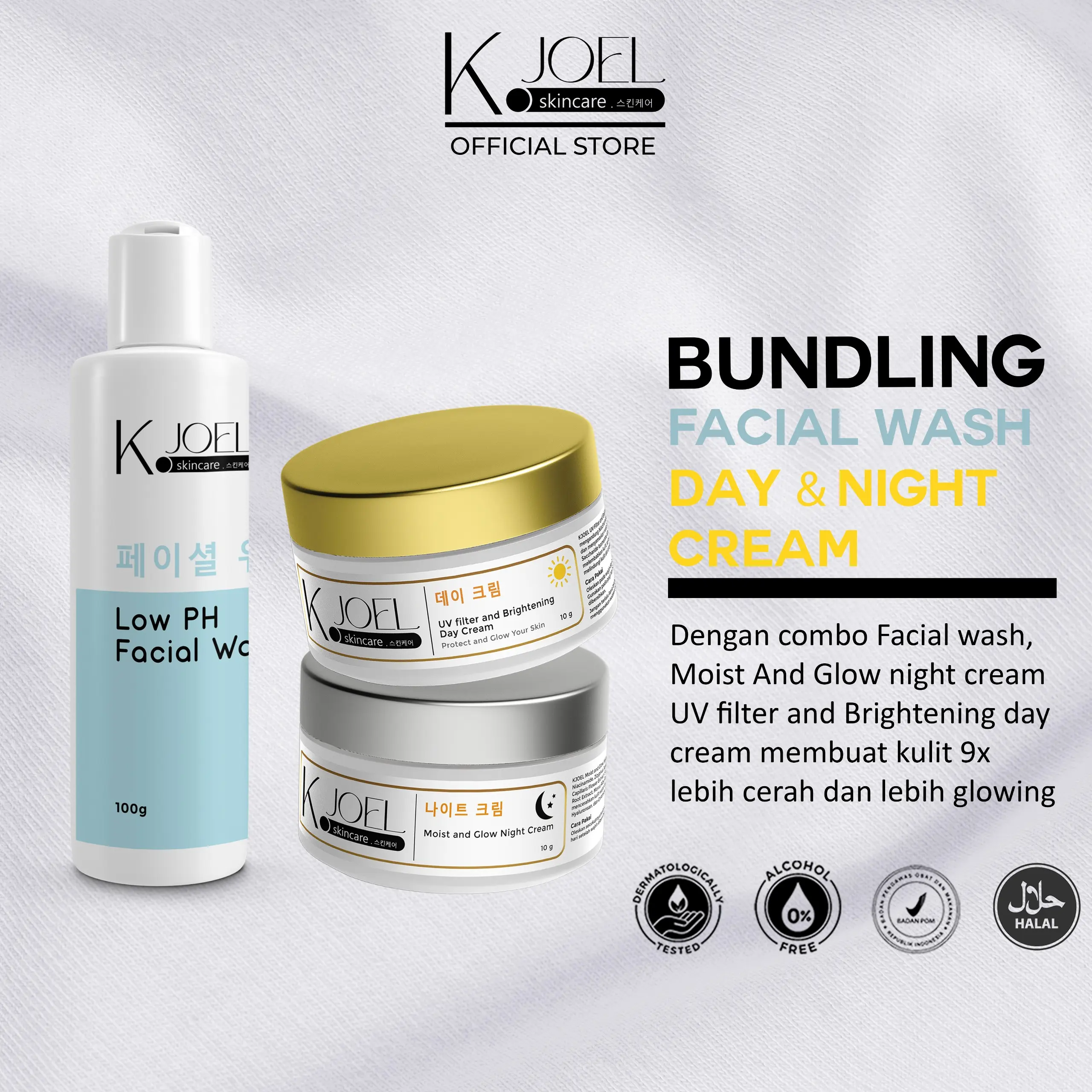 B. KJOEL - Paket Bundling Kjoel UV Filter & Brigtening Day cream + Moist & Glow Night Cream + Facial Wash LowpH
