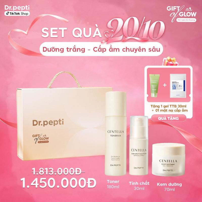 Combo TRỌN Dr.Pepti Toner Centella Căng Bóng 180ml - Serum Dưỡng Sáng 30ml - Kem Dưỡng Phục Hồi 70ml Tặng 20/10, Hộp quà tặng người yêu, mẹ cô giáo, đồng nghiệp