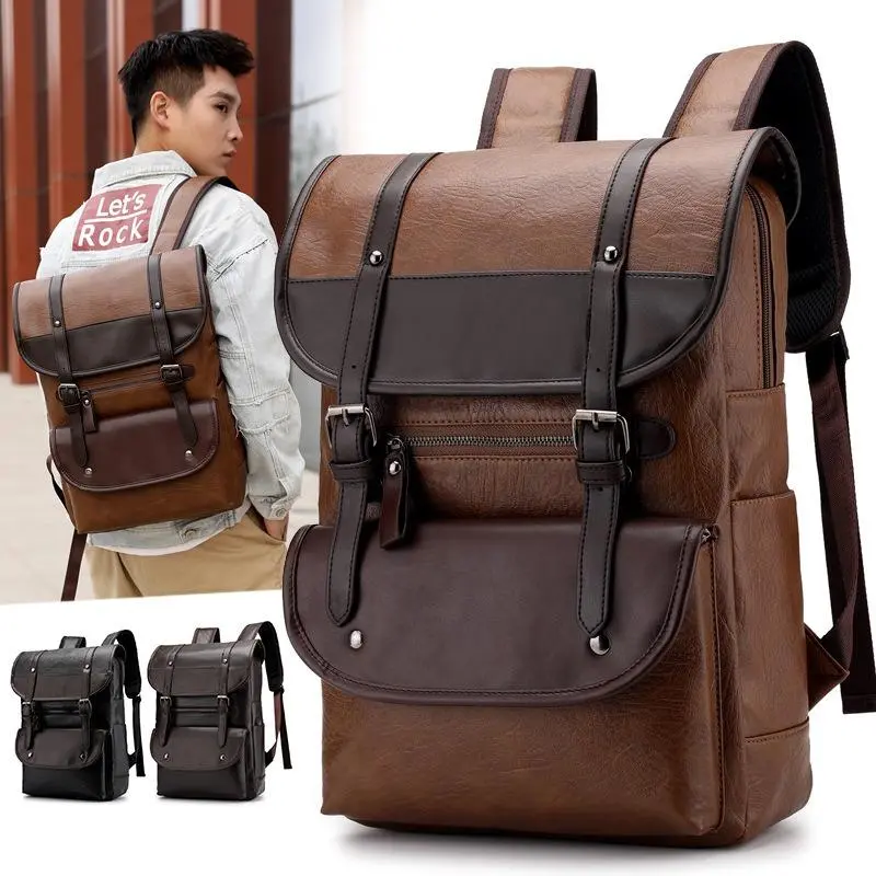 Vintage Laptop Leather Backpacks for School Bags Men PU Travel Leisure Backpacks Retro Casual Bag Schoolbags Teenager Students