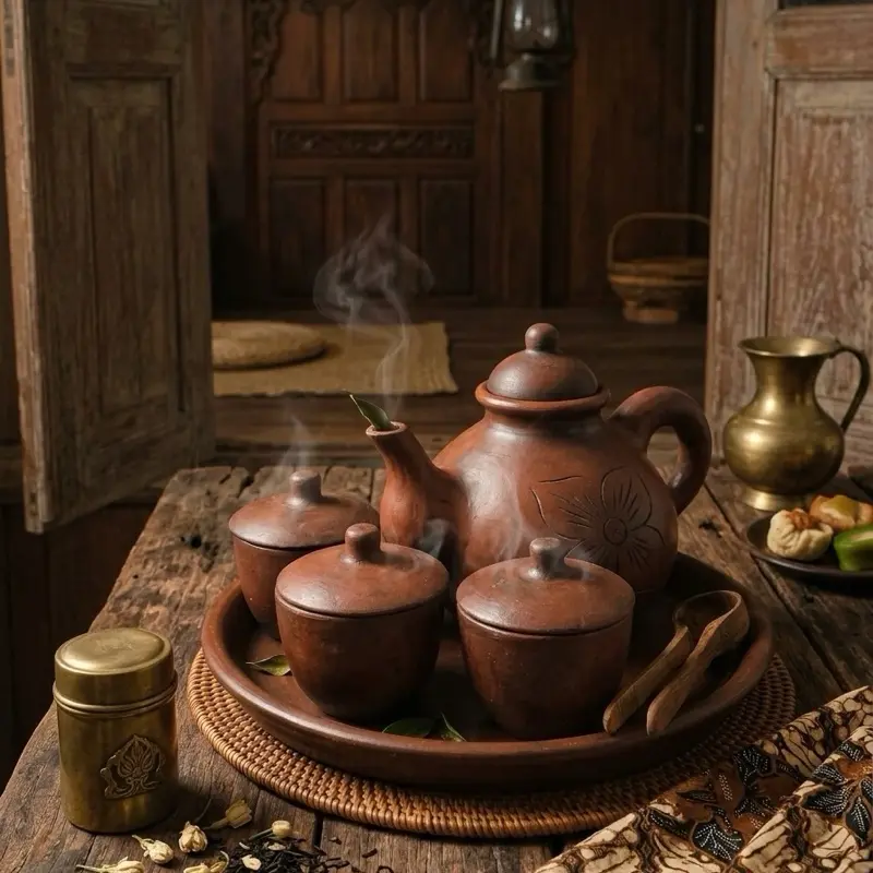 POCI TEH KOPI KAPASITAS 500ml GERABAH TANAH LIAT TAHAN PANAS 1 TEKO 3 CANGKIR 1 NAMPAN ESTETIK DAN ELEGAN
