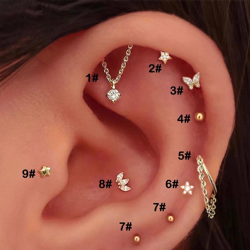 Product Introduction of 1PC Tragus Piercing Women's Hoop Earrings with Chain Helix Star Butterfly Crown Zircon Ear Rook Daith Sung Body Jewelry Gift 0